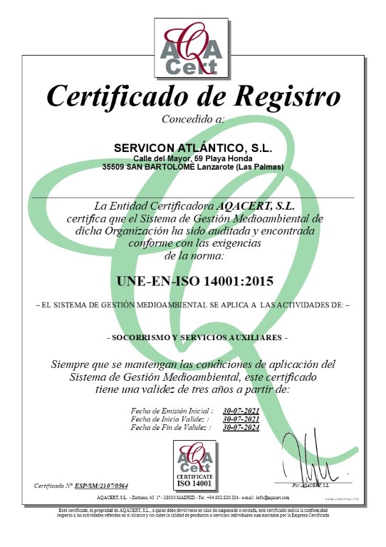 SERVICON ATLANTICO Certificado ISO 14001