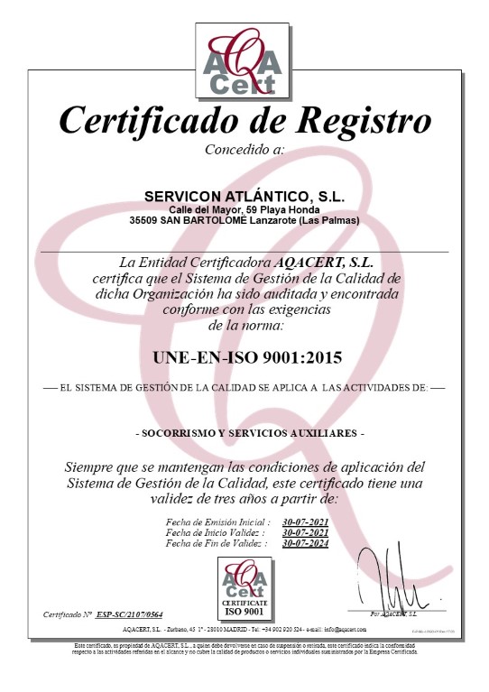 SERVICON ATLANTICO Certificado ISO 9001